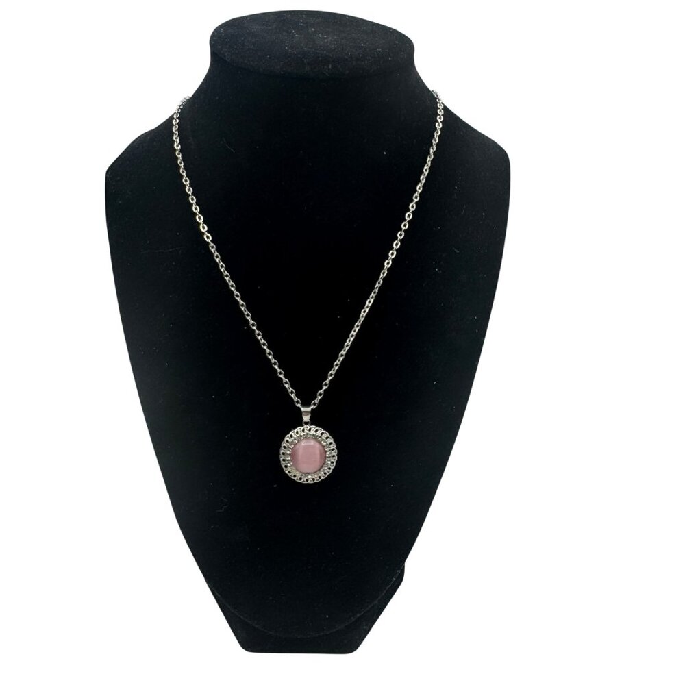 Silver Toned Pendant Necklace With Pink Cats Eye Center Stone
